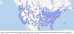 Fig: Map of cities that organized protests with more than 100 participants in USA (Picture from Wikipedia)